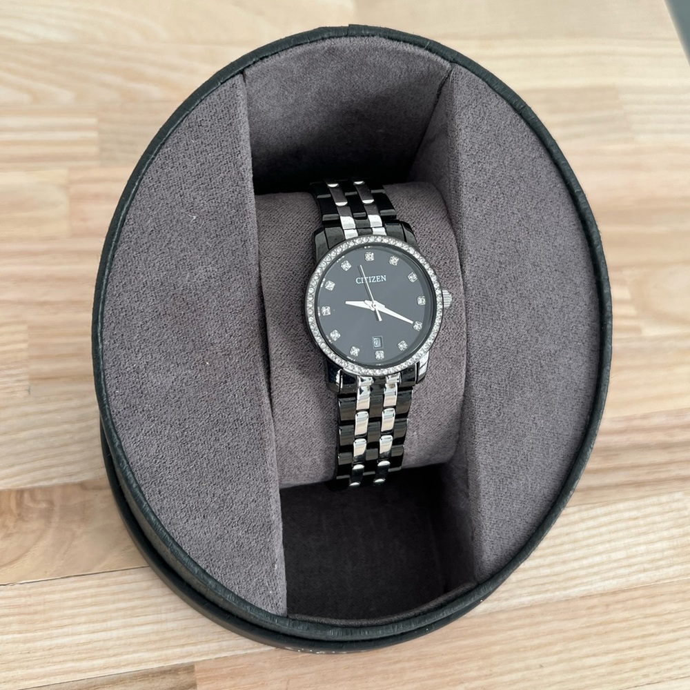 Citizen Ladies Watch Crystal Dial Markers Black & Stainless Band Quartz Date Wnd - Picture 4 of 16